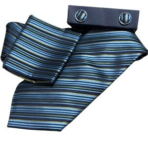 George Martin Blue & Black Striped Tie & Cuff Link Set